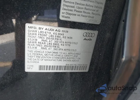 2009 Audi Q7 3.6 5 Passenger/3.6 Premium из США, поврежденный, VIN WA1AY74L79D018120